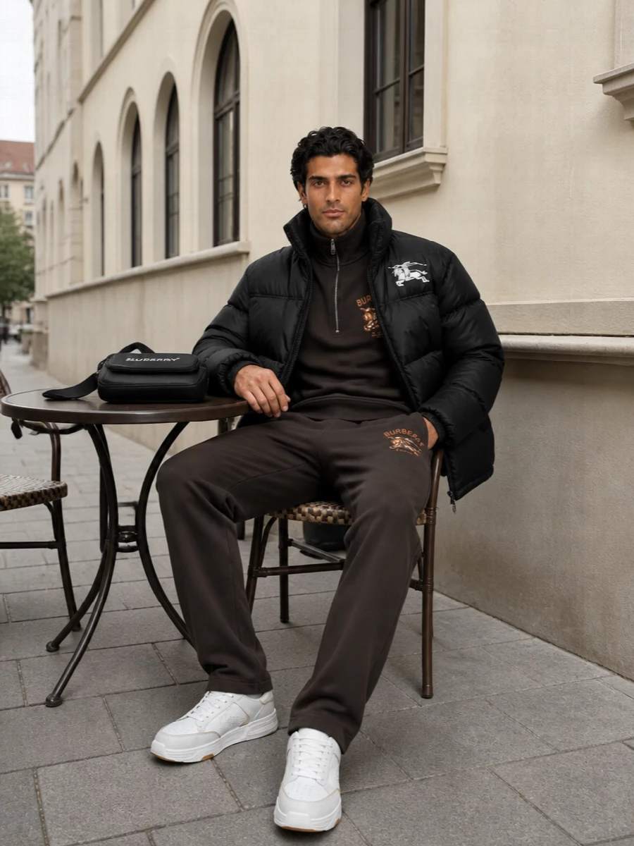 Burberry puffer brown track set white sneakers