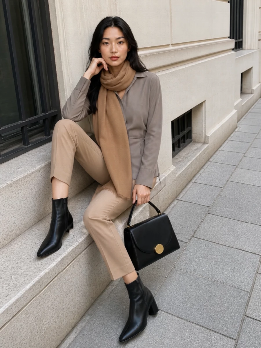 Jil sander camel trouser grey shirt outfit