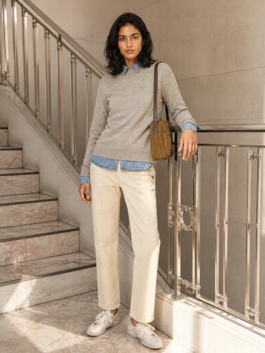 Acne studios layered sweatshirt cream jeans outfit