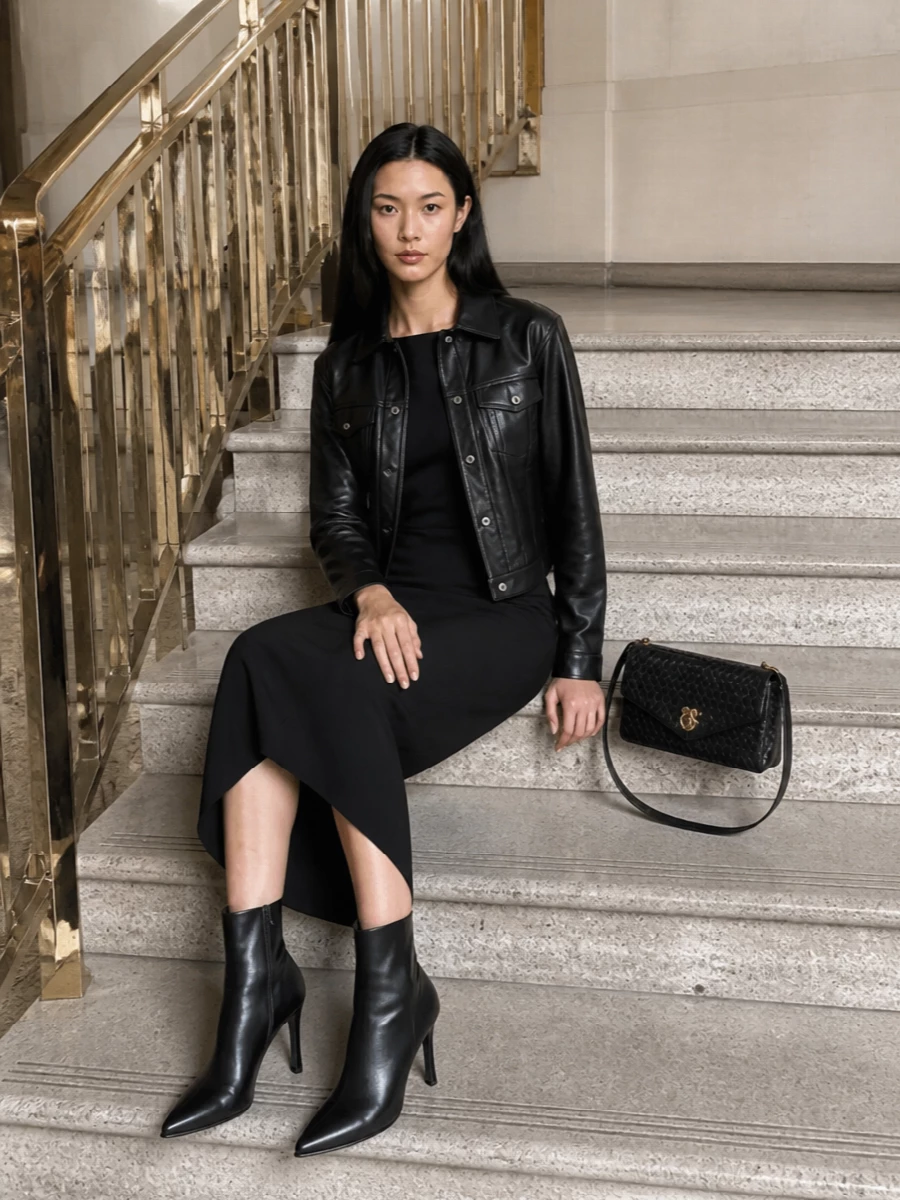 Bottega veneta black leather jacket midi dress