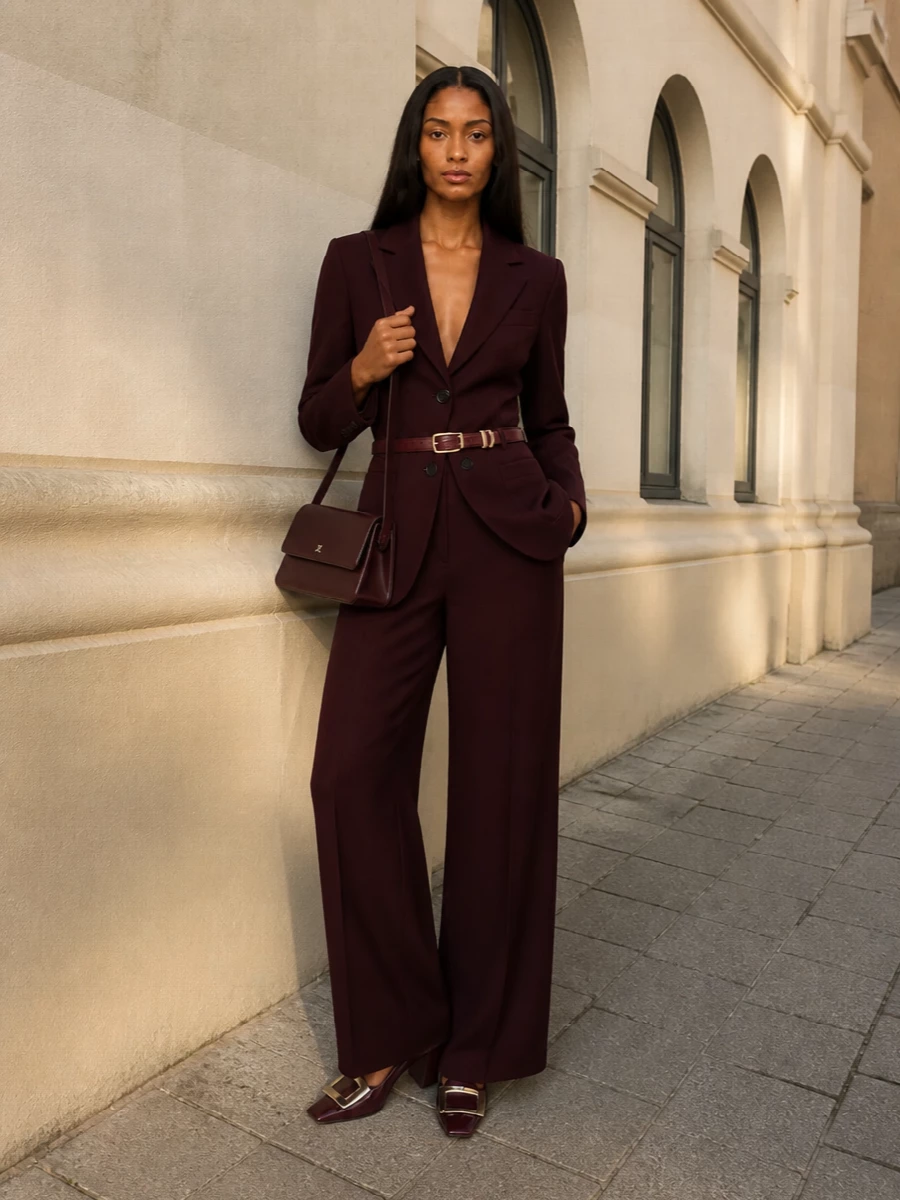 Victoria beckham burgundy suit wine accessories