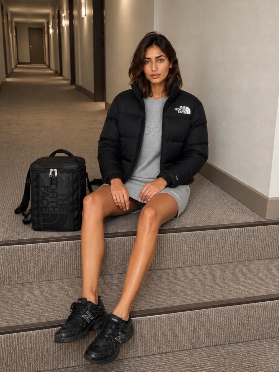 North face puffer attico sweatshirt dress outfit