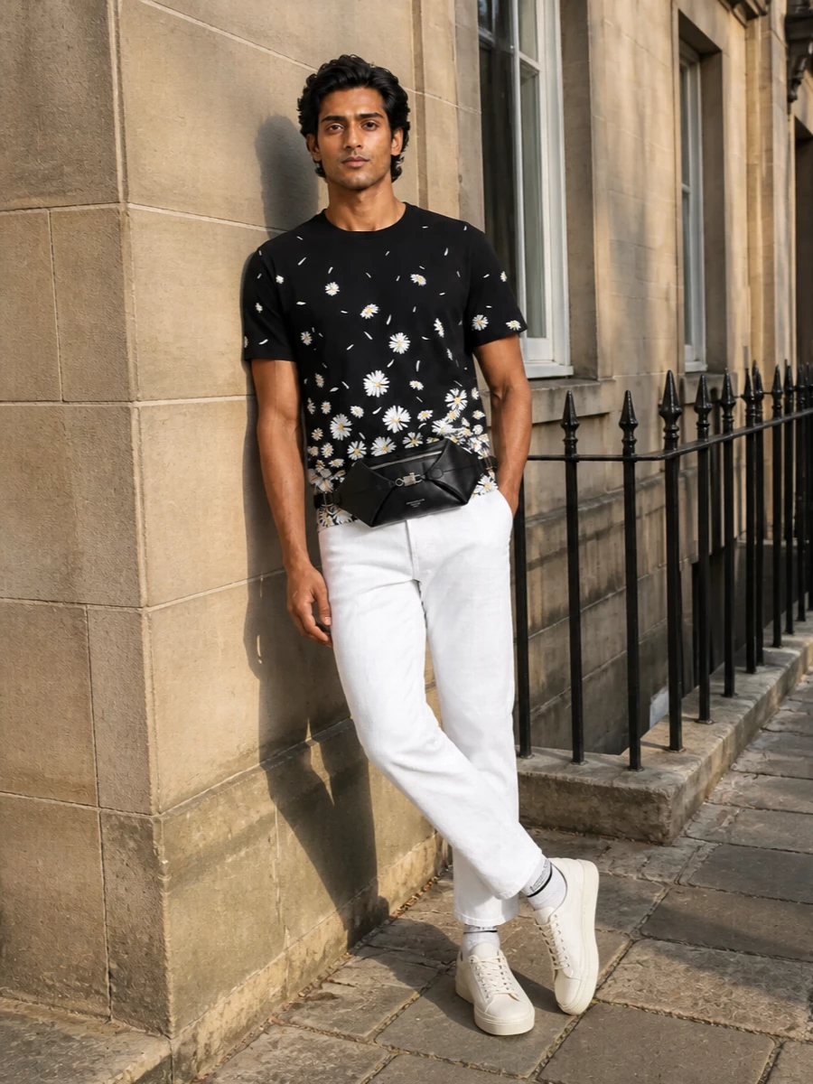 Moschino’s daisy tee stays the hero against crisp white denim, giving you a high-contrast black and white base with just a hint of soft yellow. Clean off-white sneakers and a sleek black belt bag keep the mood graphic and polished, so the florals read sharp rather than sweet. It is an easy city-ready mix of romantic print and streetwear ease that still feels considered enough for dinners and gallery afternoons.