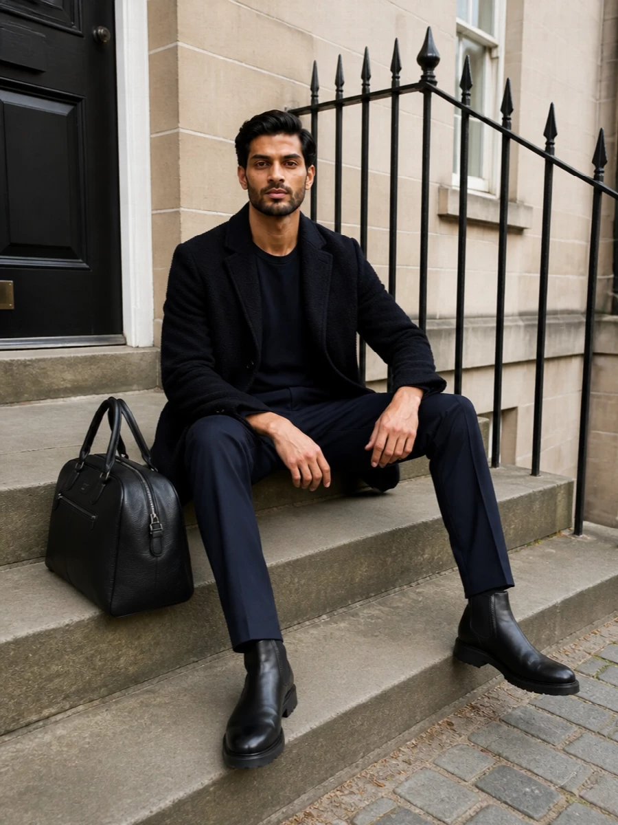 Herno navy coat chelsea boots outfit