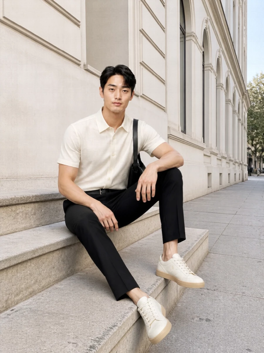 Prada mens ivory shirt black cropped trousers
