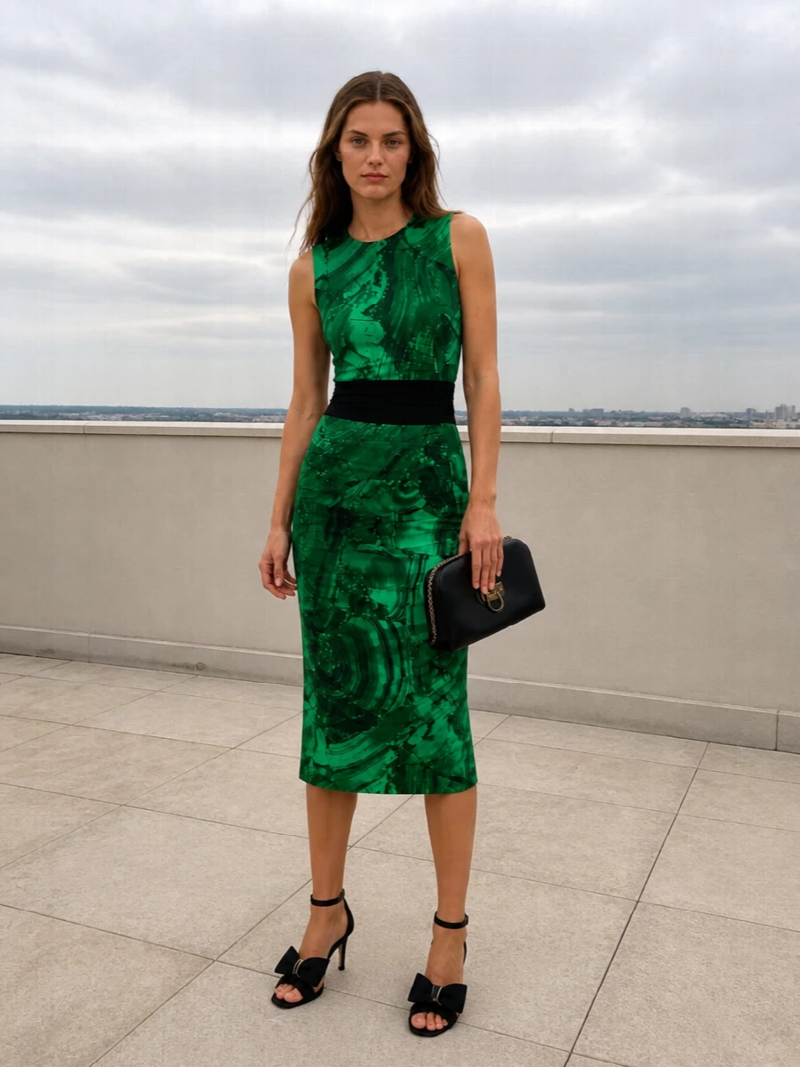A malachite Cavalli sheath stays firmly center stage, framed by clean black accessories and a cinched waist for sculpted definition. Sleek Ferragamo heels and a structured clutch keep the palette restrained and evening focused, letting the green print read rich rather than loud. The cummerbund-style belt pulls everything into a precise, hourglass line that feels confidently polished after dark.