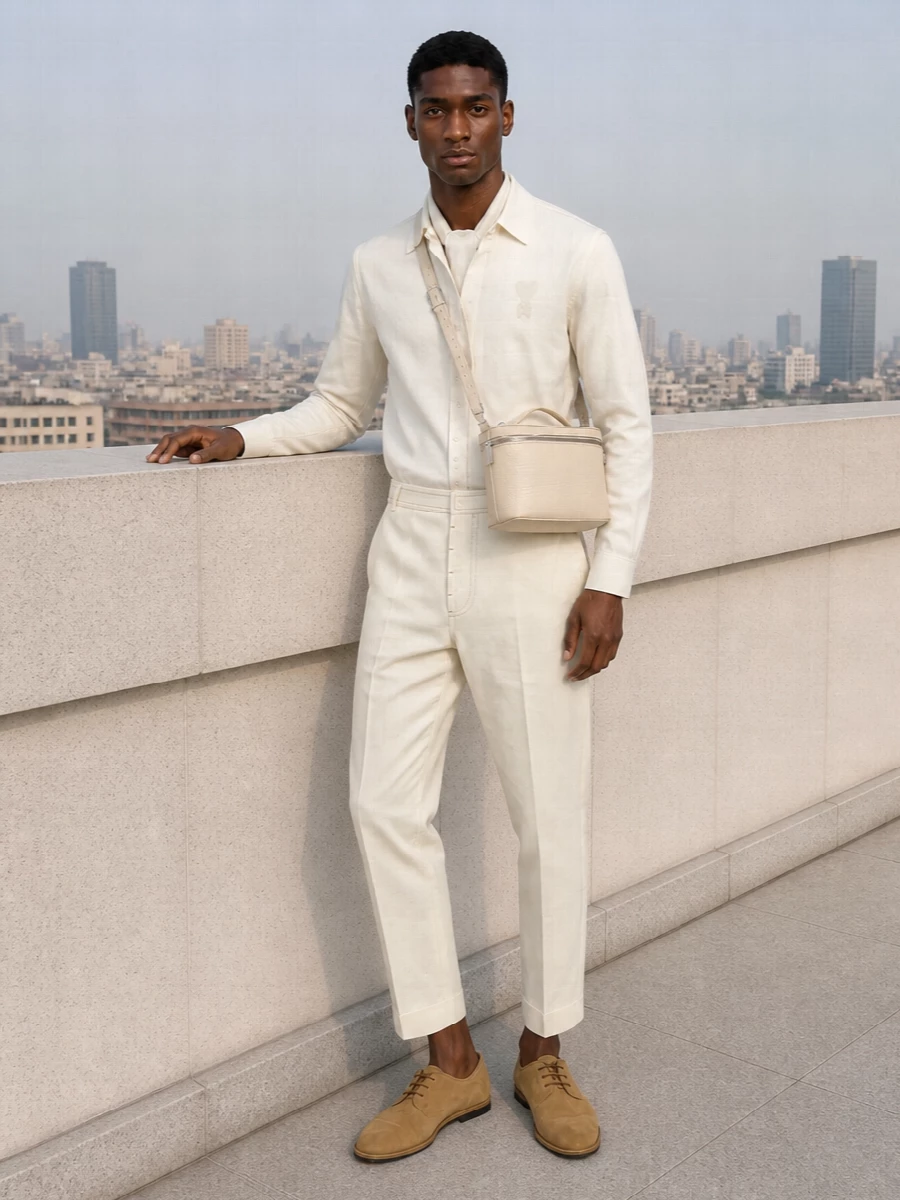 Ami paris cream shirt tailored trousers outfit