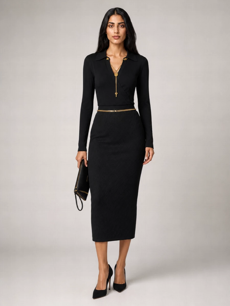 Elisabetta Franchi’s black wrap bodysuit and matching jacquard pencil skirt create a seamless column of black punctuated by precise flashes of gold. A sculpting waist and sharp Aquazzura pumps keep the proportions long and lean, while the lizard-effect clutch and refined belt add just enough texture for a boardroom-to-dinner level of polish. The result is quietly commanding Italian tailoring with a distinctly after-dark attitude.