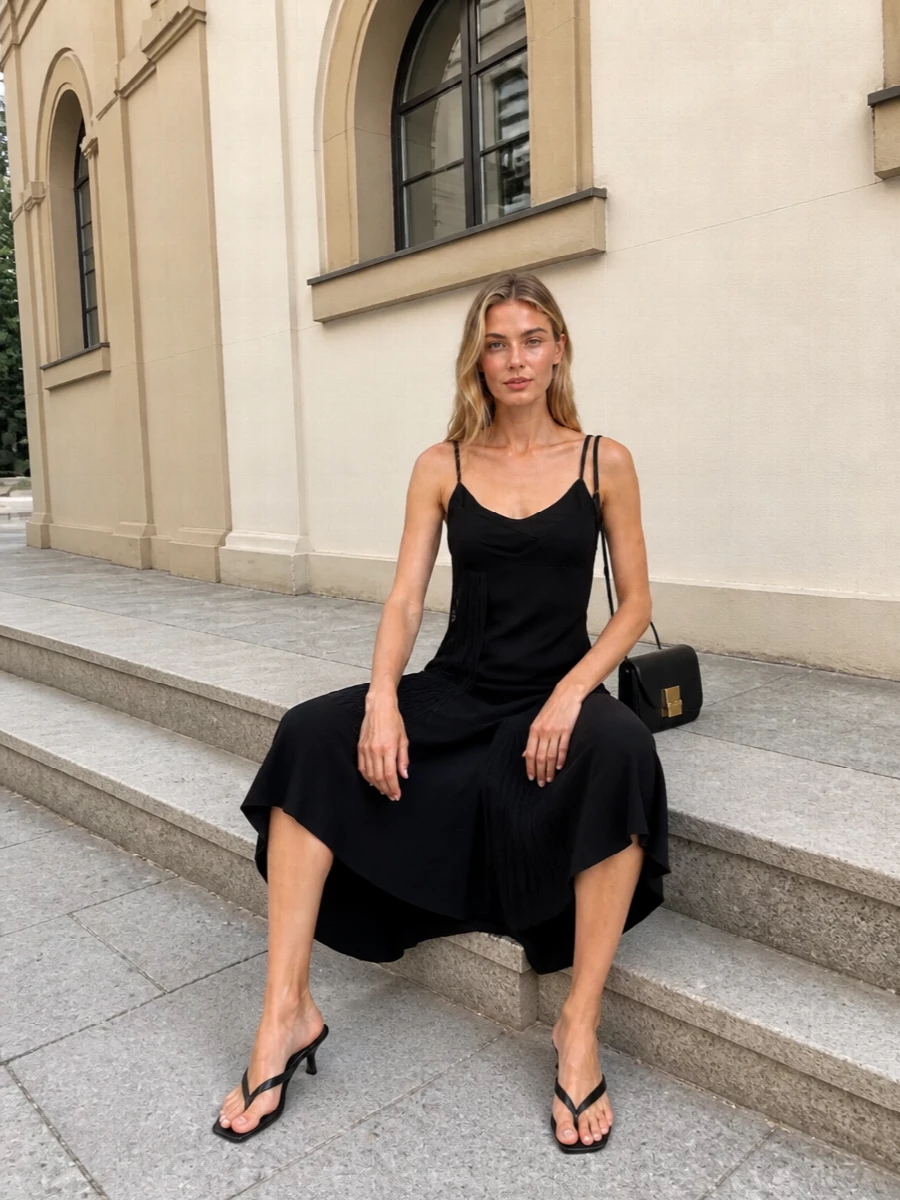 The Victoria Beckham asymmetric black slip is the strongest anchor here, its fringed hem and clean neckline mirroring the Bottega mules’ barely-there attitude while keeping the mood firmly evening. Opting for a dress rather than separates preserves a long, uninterrupted line that feels modern and sleek against the kitten heel. The compact Ferragamo shoulder bag finishes it with discreet gold hardware and structure, keeping everything pared back yet undeniably polished for city cocktails or gallery nights.