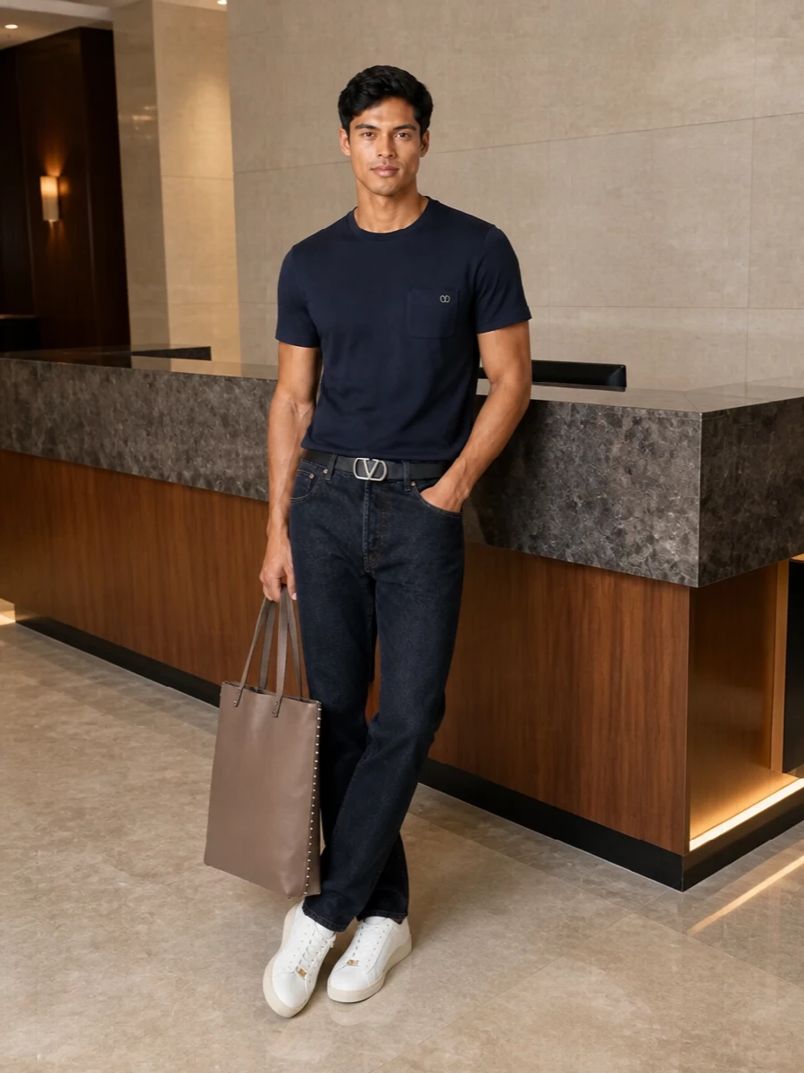 Navy on dark indigo keeps the mood calm and precise, with the straight-leg denim giving just enough structure under the refined tee. Soft white sneakers and a taupe tote lighten the combination without breaking the palette, while the slim belt quietly finishes the waistline. It is an easy, polished way to do designer denim that still feels composed enough for city days and low-key dinners.