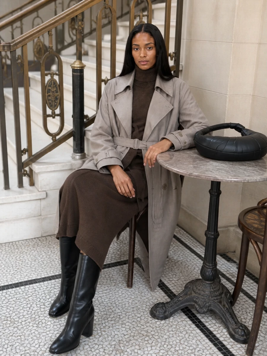 I am building around the coat as outerwear plus a single foundation piece, so the knit dress route is cleaner and more coherent than introducing a separate top and trouser. The chocolate belted dress reads as a soft column under the taupe trench, with black boots and bag grounding the palette into a calm, urban trio of taupe, brown and inky black. The result is relaxed but deliberately polished, ideal for a day of meetings or a quiet dinner where the coat can come off and the dress still feels considered on its own.