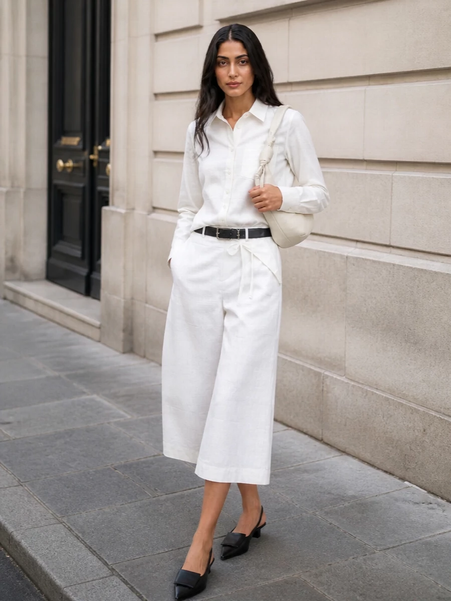 This look leans into a monochrome, architectural mood: optic-white culottes paired with an asymmetric ivory Jacquemus shirt for a clean yet quietly subversive line. Black slingback heels and a slim black belt ground the softness with graphic precision, while a sculpted ivory Lemaire shoulder bag keeps the palette luminous and the silhouette effortlessly refined for SS city days and gallery nights.