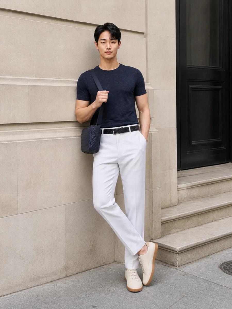 An ink-navy slub tee is grounded with crisp optic-white tailored trousers for a clean, modern SS silhouette that feels effortlessly refined. Cream leather sneakers keep the palette light and cohesive, while a navy intrecciato crossbody and discreet black belt introduce subtle texture without disturbing the minimalist, quiet-luxury mood.