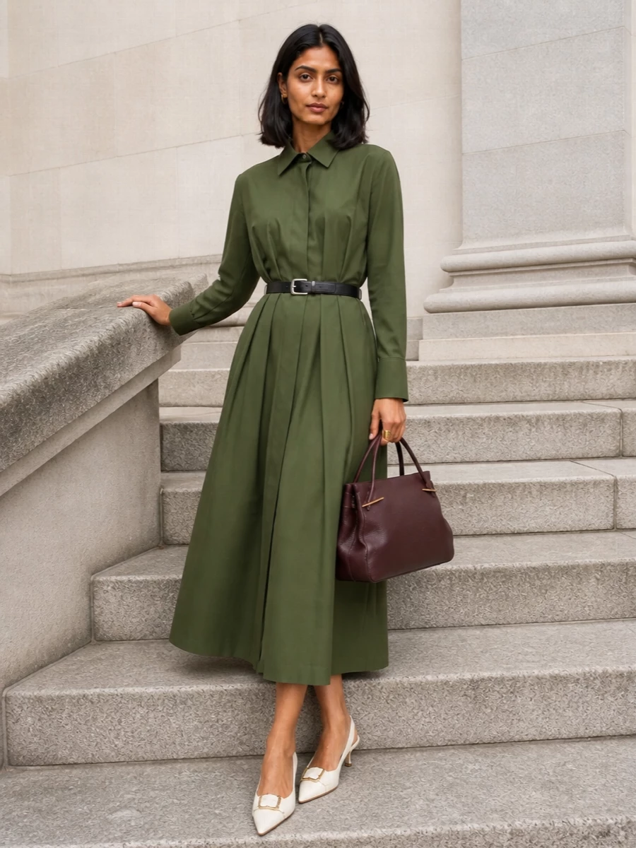 Givenchy olive shirt dress ivory slingback outfit