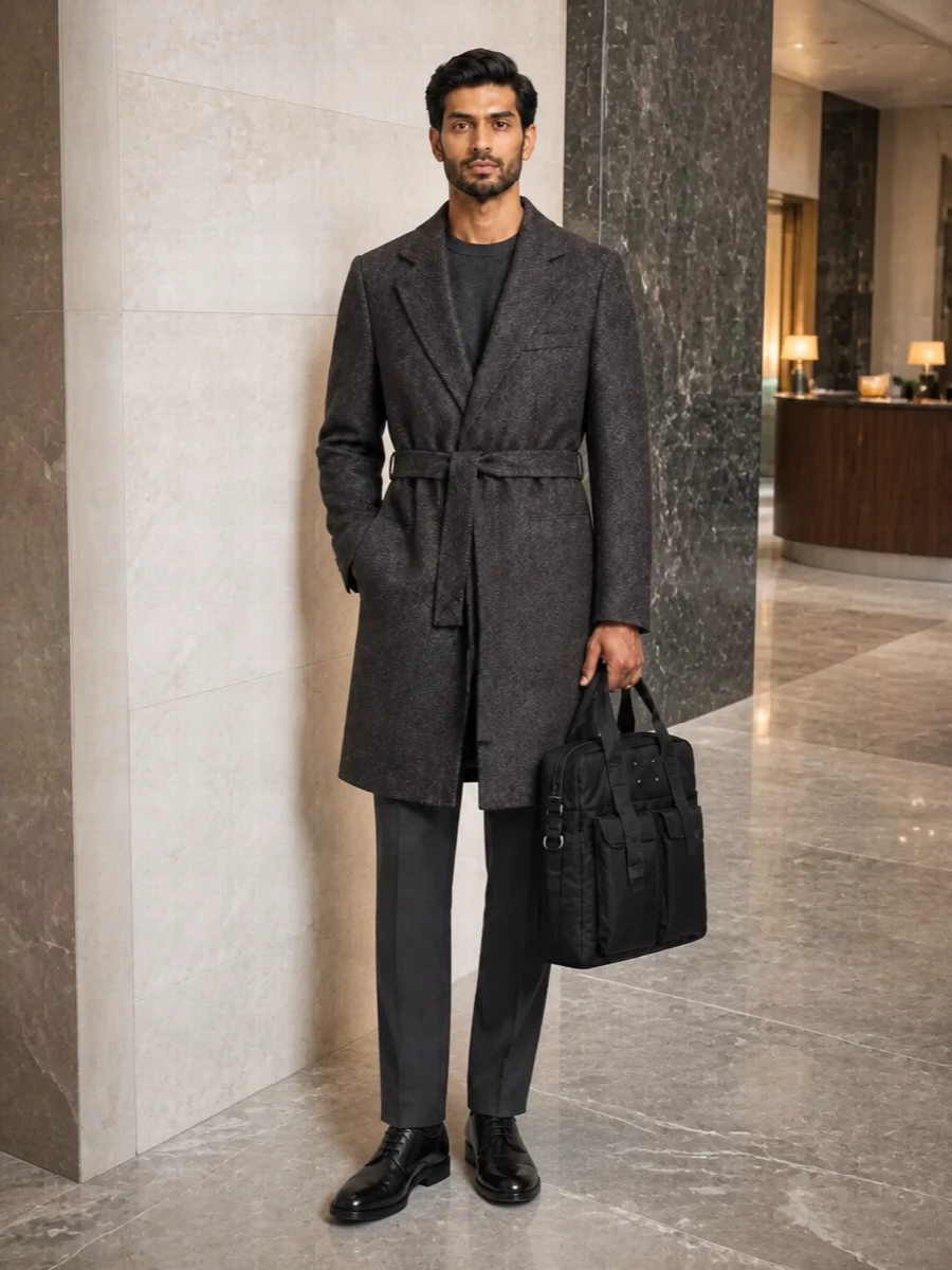 A charcoal-brown belted Margiela coat wraps around a column of deep charcoal tailoring, keeping everything sharp yet soft in presence. The polished derby and padded briefcase hold the line at modern, city-formal, with no logos or loud details to break the mood. It is the kind of outfit that moves from client dinner to late gallery opening without ever feeling overdressed.