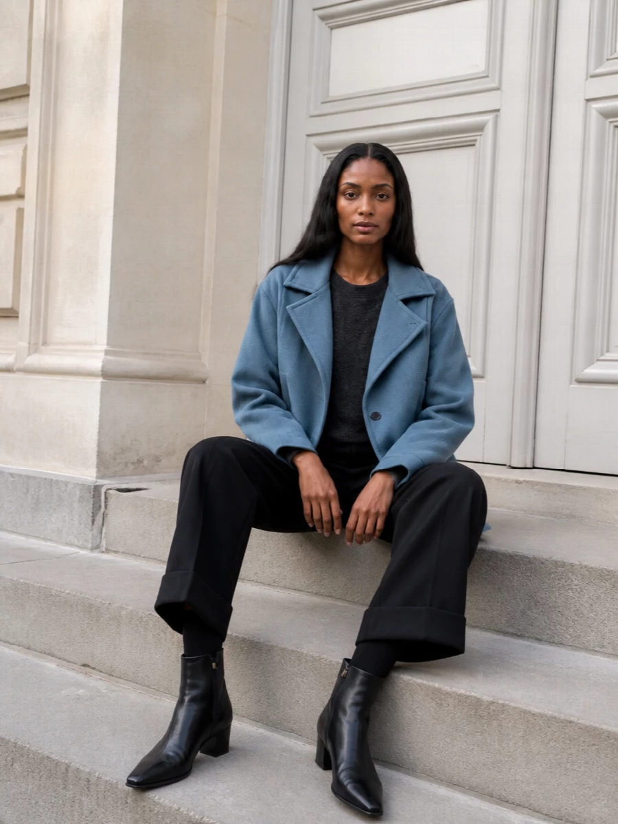 Semicouture blue jacket black wide leg trousers