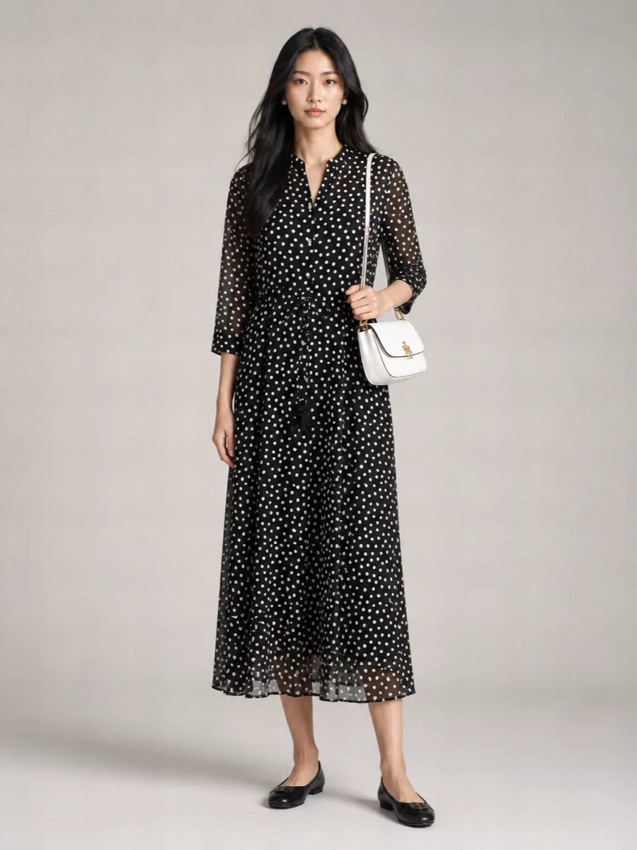 Tory Burch Polka-Dot Long-Sleeve Midi Dress