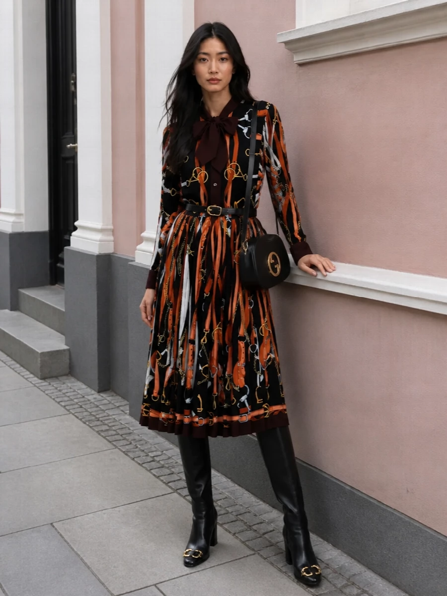 Gucci equestrian print shirt dress black boots