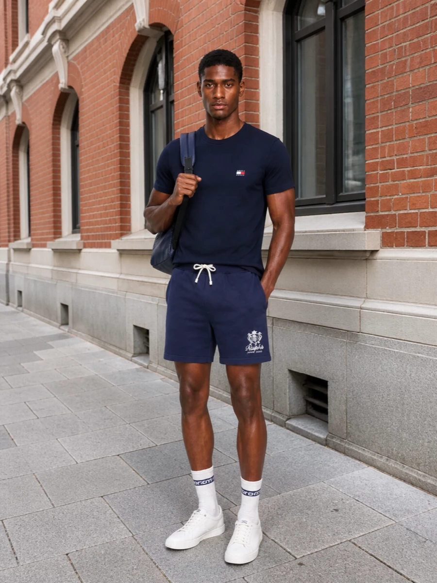 Tommy hilfiger navy tee outfit white sneakers