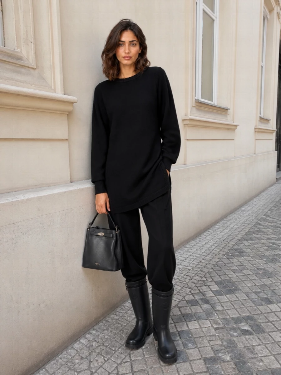 A long black knit from Lemaire meets Moncler’s lugged knee boots for a clean, winter-ready column that feels grounded but not heavy. The proportions stay narrow through the body so the tall boot reads intentional, not bulky. Mulberry’s compact bucket adds just enough structure to keep the whole styling sharp for everyday city wear.