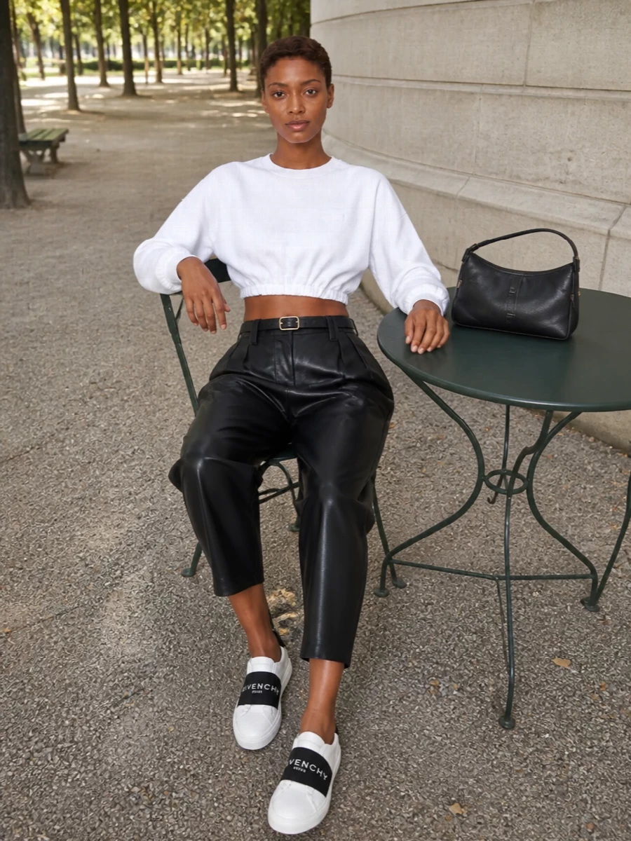 A cropped white sweatshirt meets sculpted black barrel trousers for a clean, graphic take on off-duty tailoring. Slip-on monochrome sneakers keep it easy, while a streamlined black shoulder bag and subtle belt refine the line without adding noise.