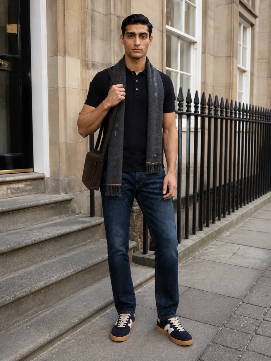 A deep navy Michael Kors polo sits over straight dark indigo denim for a clean, quietly polished base. Navy suede Hogan sneakers keep the line sporty yet refined, while the chocolate Jil Sander crossbody and a subtle Paul Smith scarf introduce warm, textural contrast without breaking the minimalist mood.