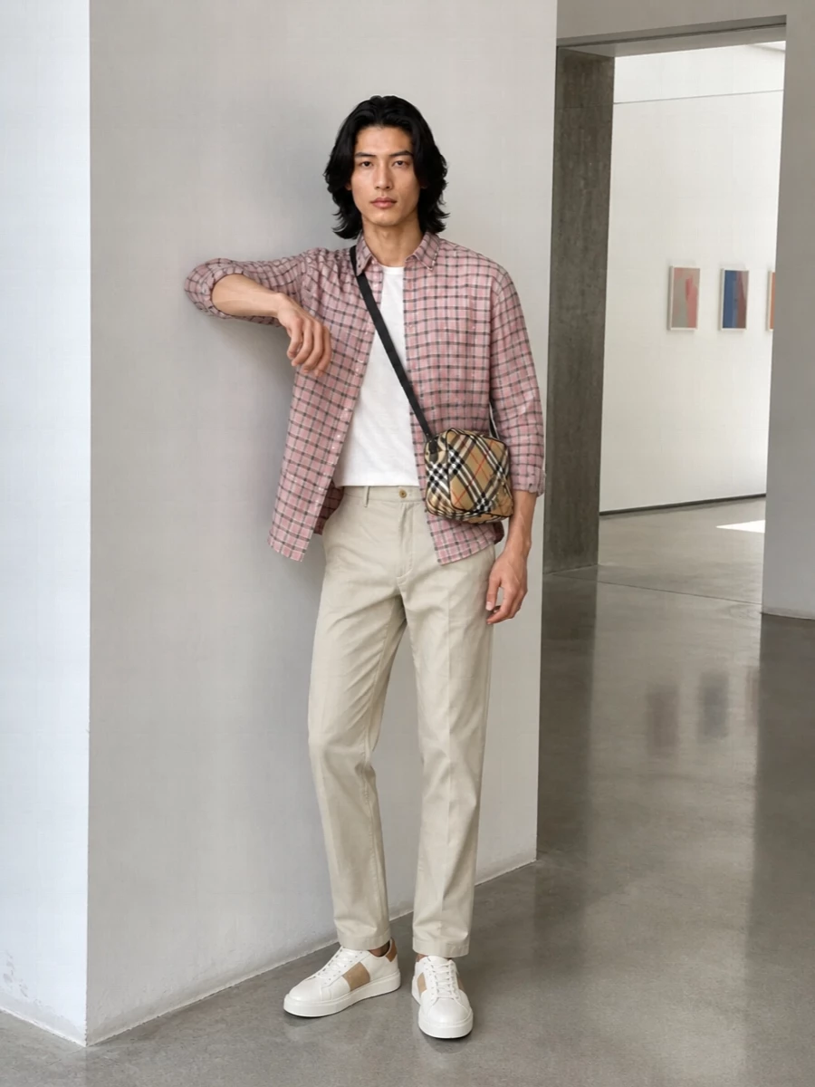 Beams plus pink check shirt beige chinos outfit