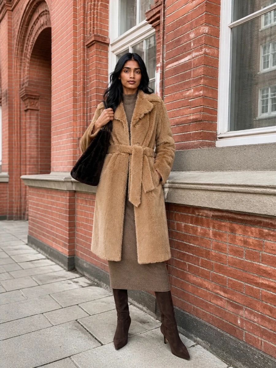 Max mara knit dress camel faux fur coat