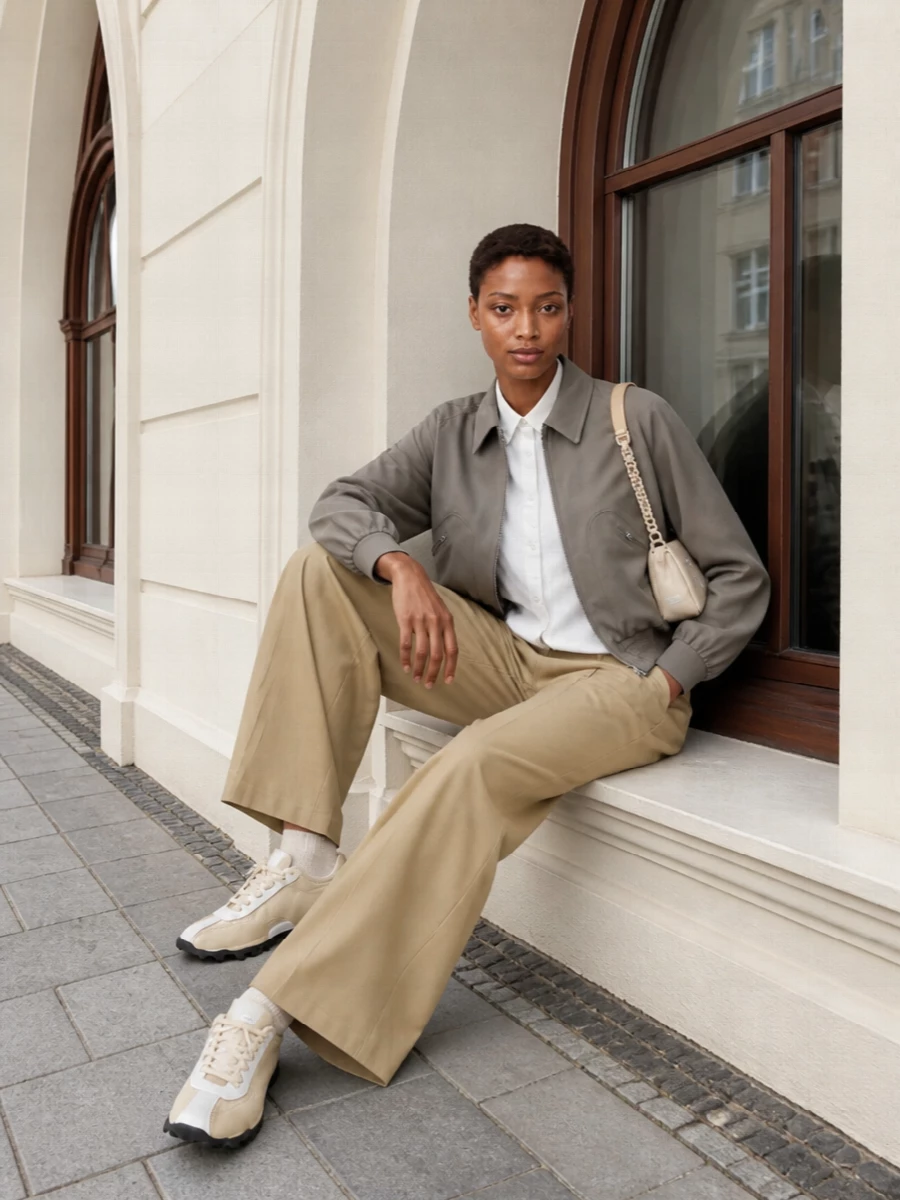 I am building around the bomber as a daily uniform, so I am choosing the shirt and trouser route rather than a dress, which would compete with its cropped, casual energy. The boxy white shirt, sculpted camel wide-leg and soft neutral sneakers keep everything in the same minimalist, quiet-luxury register as the jacket, with the crescent bag tying the warm tones together. It feels like a modern city uniform that reads considered without tipping into formality.