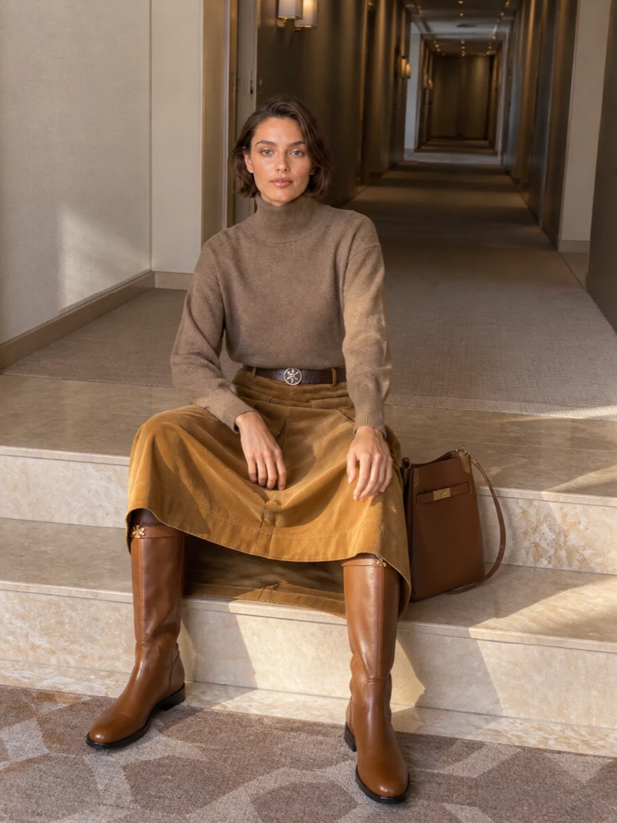 Tory burch camel corduroy skirt turtleneck boots