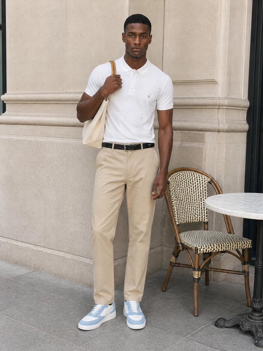Moschino white polo beige trousers outfit