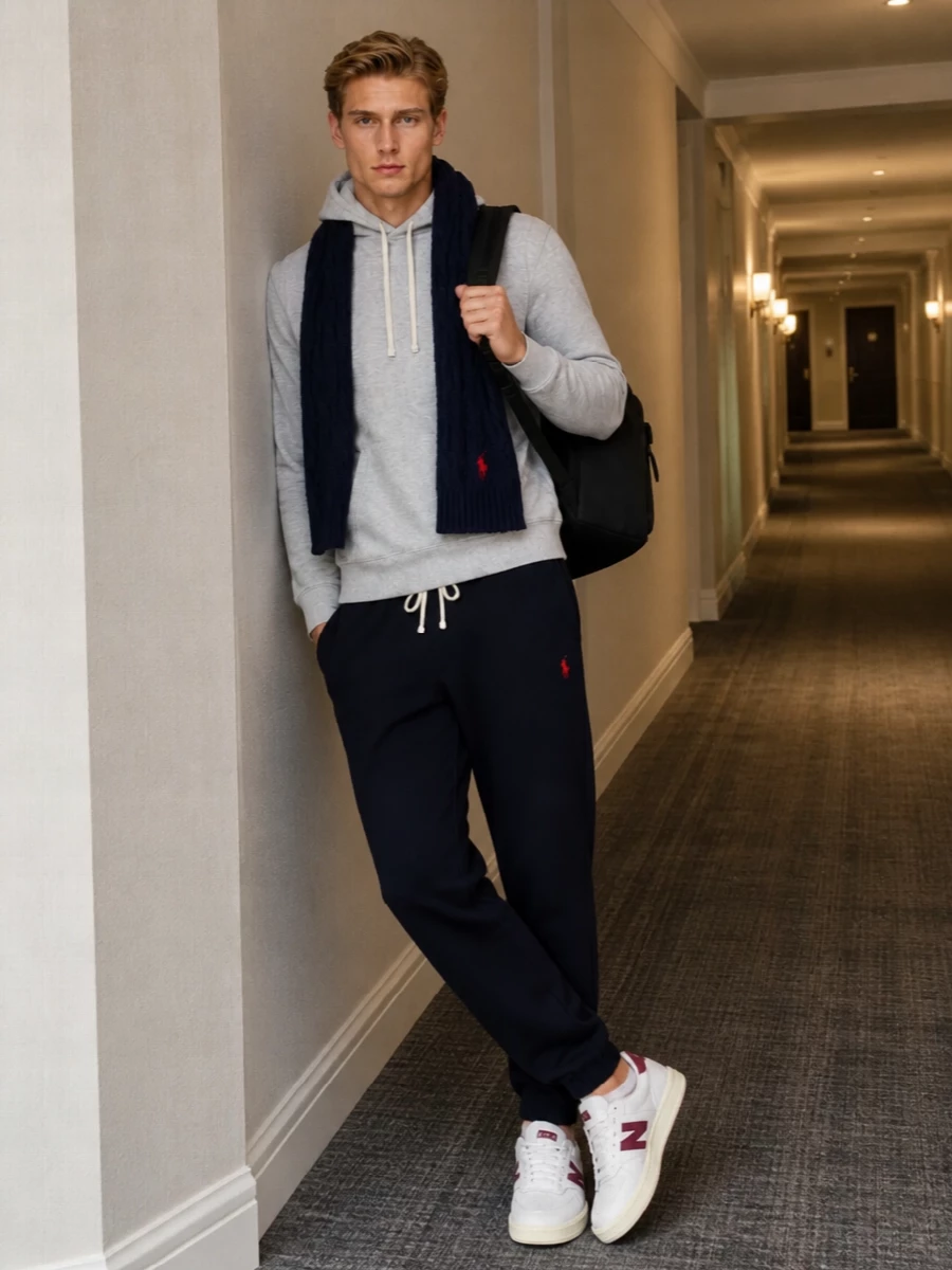 Polo ralph lauren grey hoodie navy joggers outfit