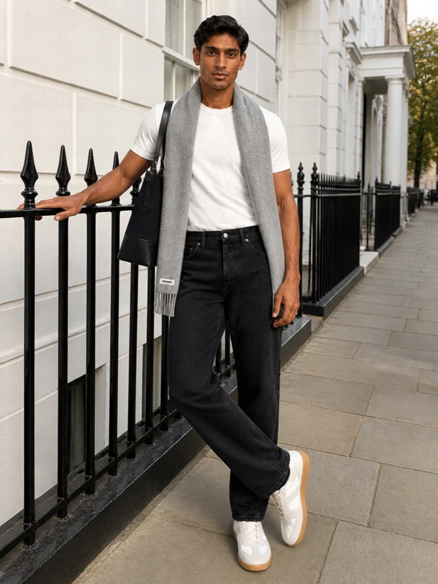 Soft white, washed black and light grey keep this Margiela-led combination calm and precise, letting the star detail stay the quiet focus. Straight-leg denim and slim sneakers create a clean vertical line that feels relaxed but intentional. The structured bag and pale scarf add just enough texture to make the palette feel rich rather than flat.