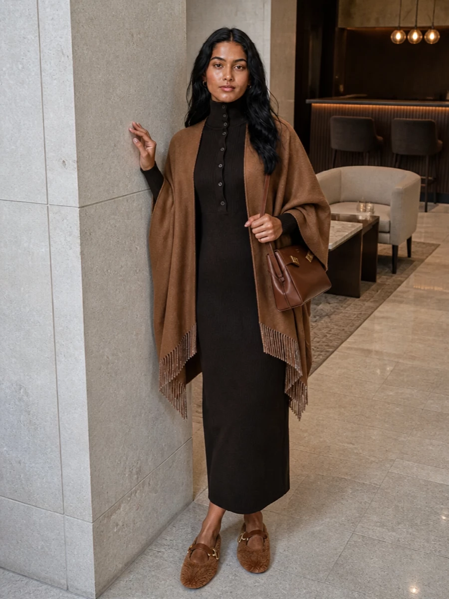 This is a tonal, quiet-luxury winter column built around deep chocolate and caramel, with the Fendi poncho floating over a ribbed Tom Ford dress for length and movement. The Ferragamo flats and shoulder bag keep the story soft yet structured, perfect for city days that slide into dinner without a change of outfit. I chose the dress path rather than separates to respect the poncho’s drape and avoid bulky layering, letting the silhouette stay long, clean and quietly dramatic.