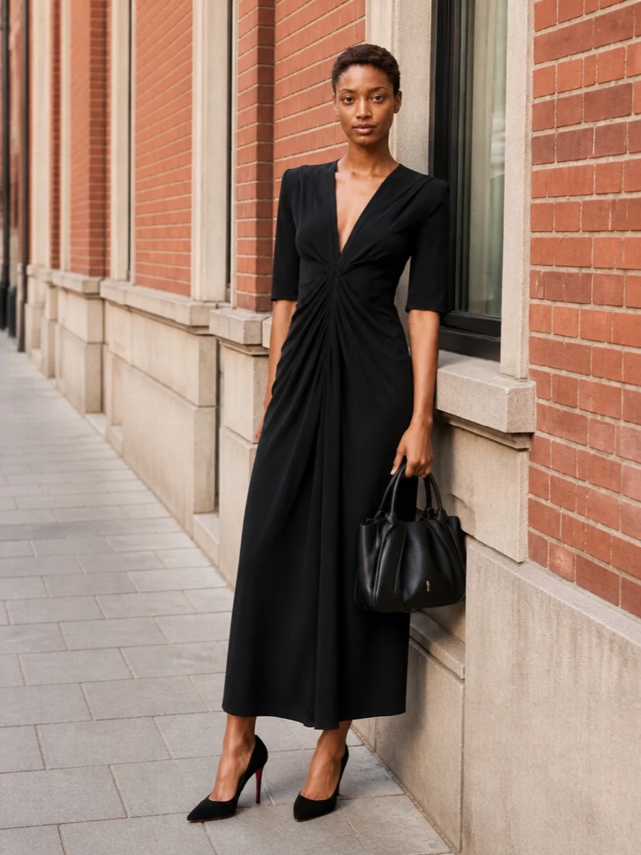 I’m building around the dress path, as a single sculpted black midi feels cleaner and more in tune with the bag’s minimalist, quiet luxury attitude than a separate top-and-mini combination. The Loulou Studio midi dress and black suede Louboutin pumps create a long, uninterrupted line that works for work-adjacent dinners, gallery events or any polished city evening with the structured tote. The result is monochrome, modern and calm, with subtle drape and proportion doing the work instead of visible logos or hardware.