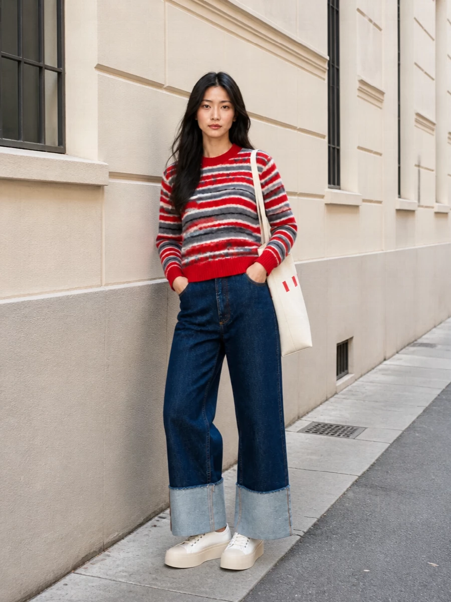 Marni striped sweater cropped wide leg jeans outfit