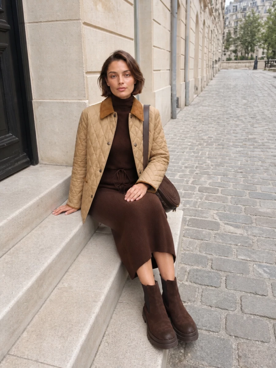 I chose the dress path to keep the Burberry quilting as the only outer layer and let the knit column do the work beneath, which feels more romantic and feminine than stacking tailoring under tailoring. The chocolate turtleneck dress, deep brown Chelsea boots and suede saddle bag create a rich tonal story around the tan jacket, evoking a quiet country-weekend mood that still works in the city. It is warm, elongated and softly flattering without losing that tailored, quietly luxurious edge.