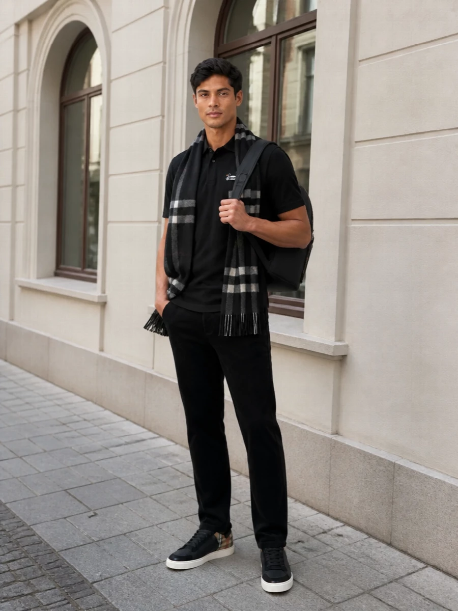 Burberry black polo trousers sneakers outfit