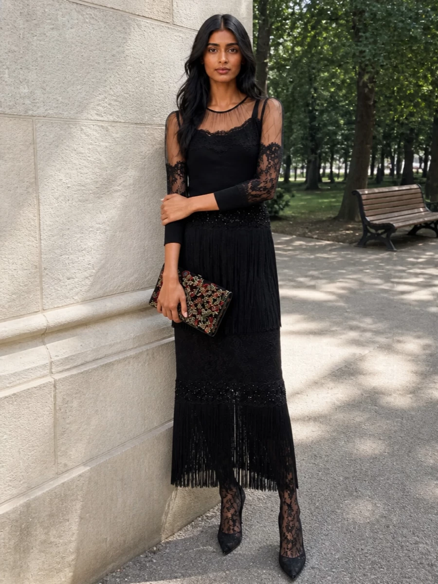 Dolce gabbana black lace evening gown outfit