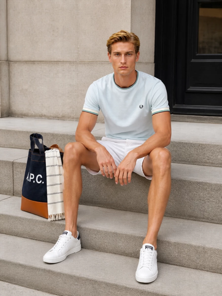 Think modern country club, but relaxed enough for city errands. The pale blue tee and white chino short keep things bright and clean, while the white court sneakers underline the tennis inspiration. The indigo A.P.C. tote and fine striped scarf add just enough grown-up polish to keep this firmly in smart-casual territory rather than pure sportswear.