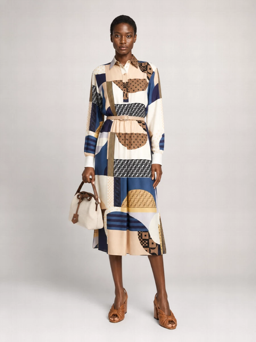 Fendi Silk Geometric-Print Belted Midi Dress