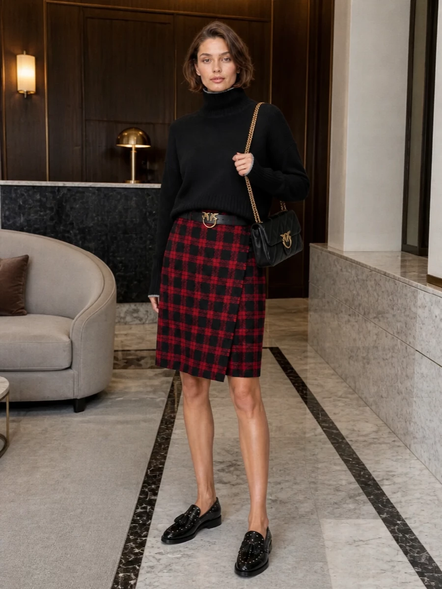 Pinko tartan wrap skirt black knit loafers