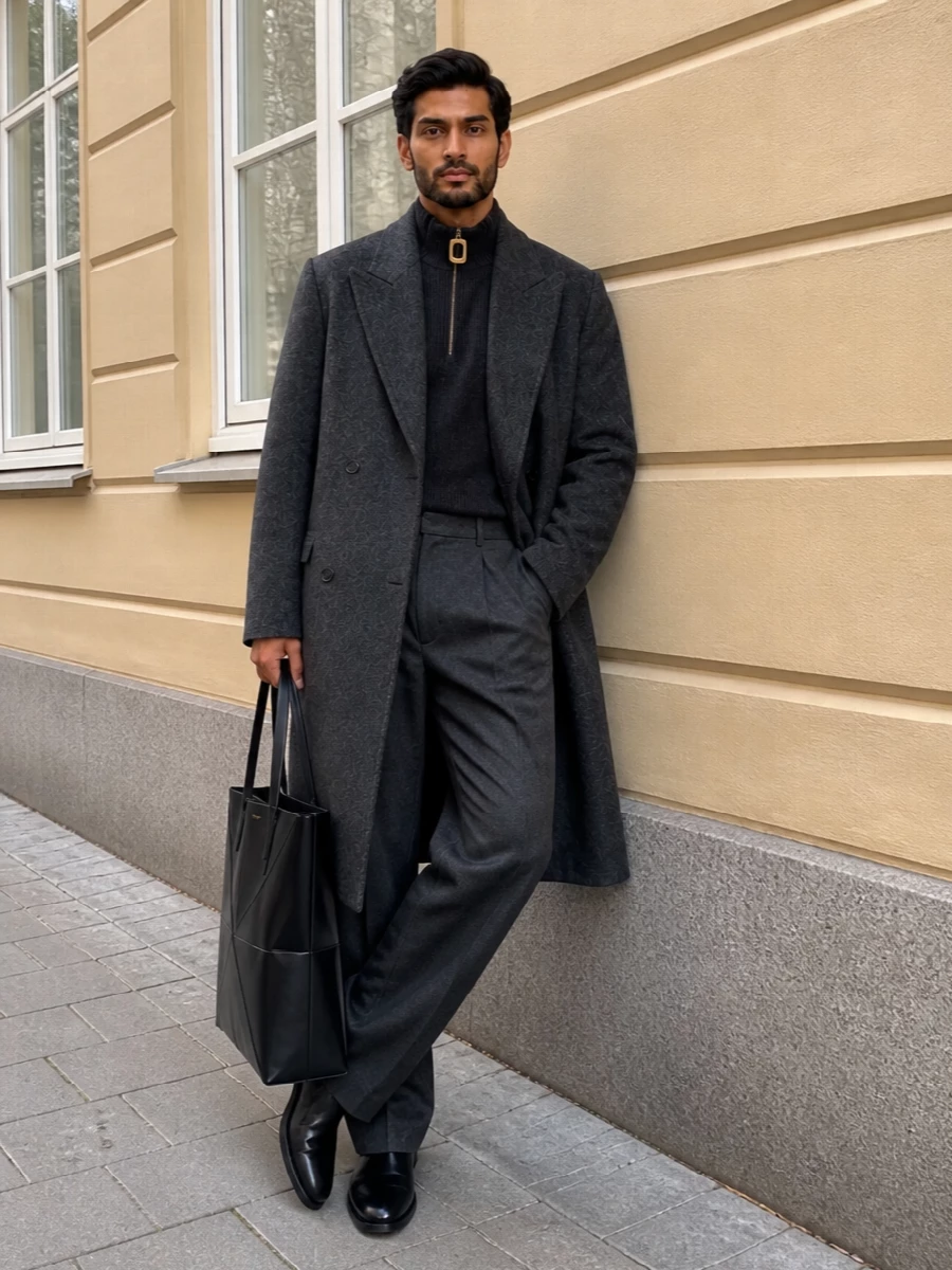 A long charcoal JW Anderson coat sits over a tonal ribbed half-zip and Jil Sander wide-leg trousers, building a calm, column-like silhouette for city winters. Black John Lobb Chelseas and a structured Loewe tote keep the finish sharp and practical, ready for full workdays that stretch into late dinners.