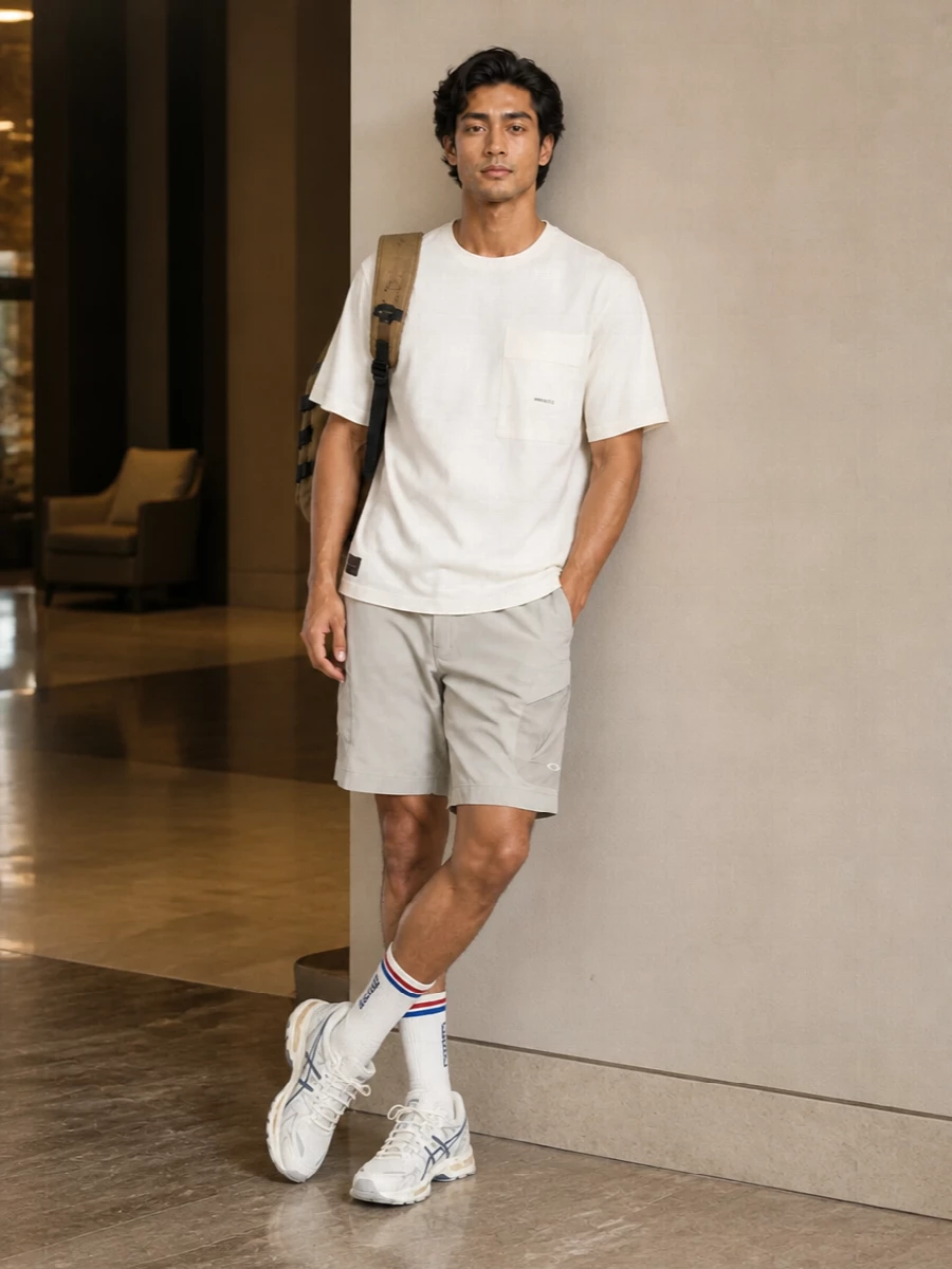 Oakley tech shorts off white tee asics sneakers