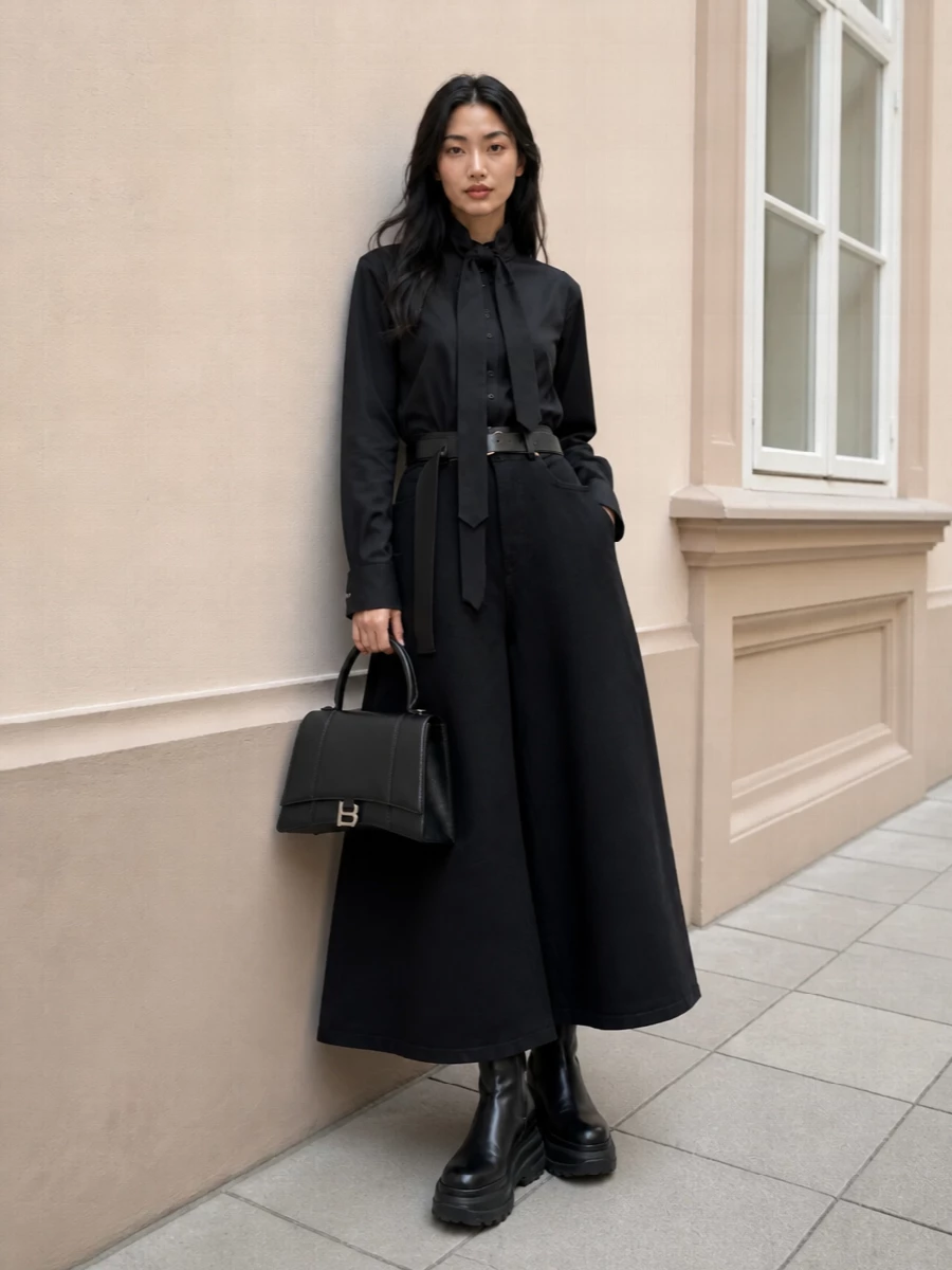Sacai wide leg trousers tie neck shirt boots