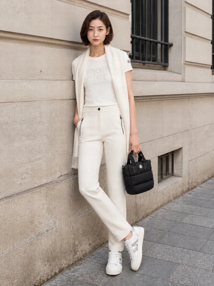 An off-white Moncler logo tee is paired with slim, high-rise knit pants in a matching tone for a clean, elongated monochrome base. Off-white leather sneakers keep the line sporty and refined, while a compact black padded tote and an ivory scarf add just enough contrast and texture for an elevated FW city uniform. The result is a quietly luxurious, sport-inflected look that feels effortless yet considered from travel days to weekend errands.