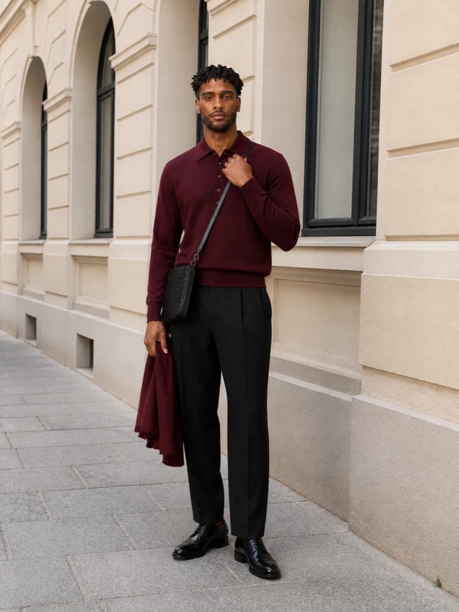 Dries van noten burgundy polo black trousers