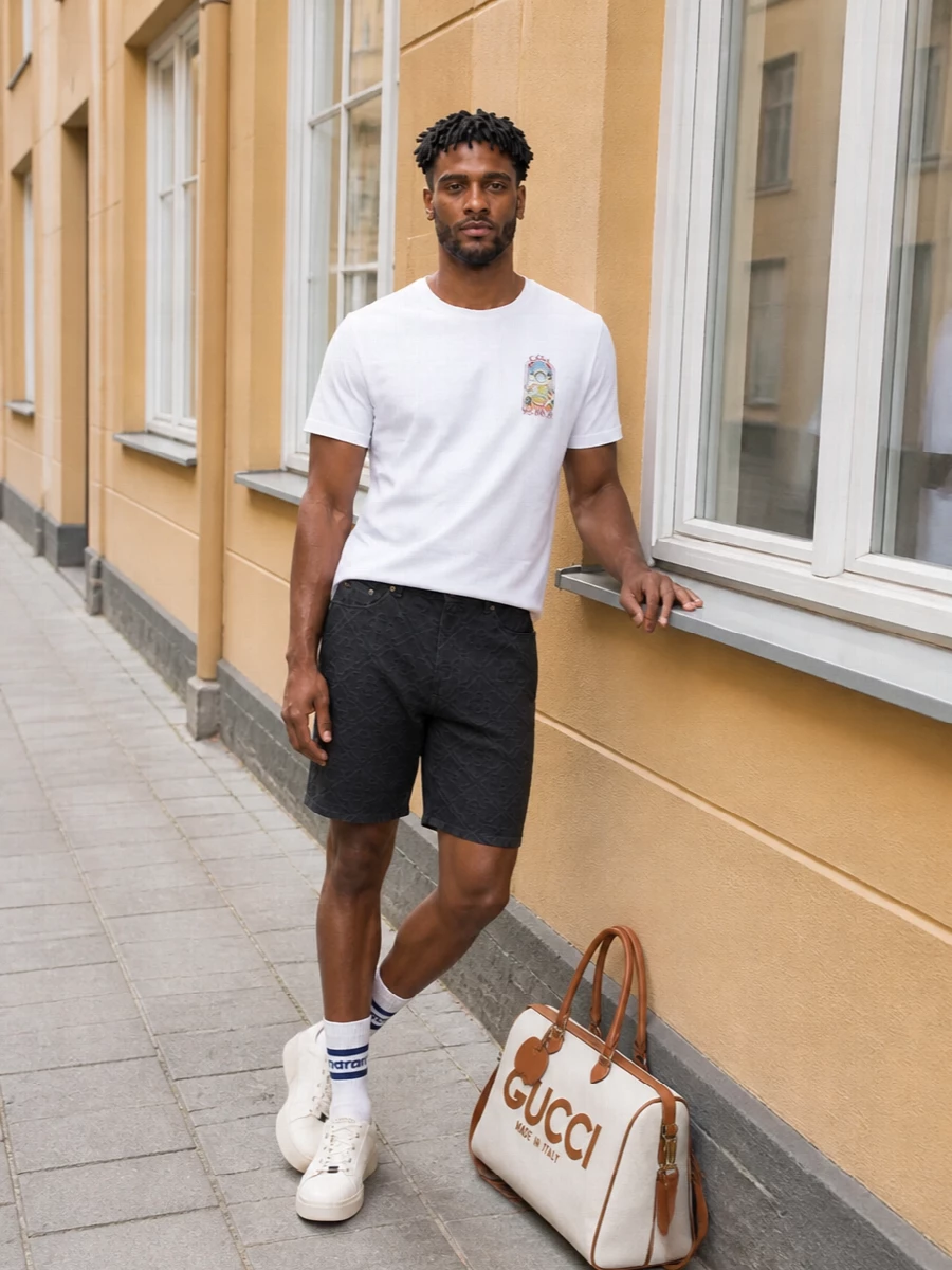 Casablanca’s postcard tee is paired with tailored charcoal monogram shorts for a neat, Riviera-in-the-city take on summer dressing. Off-white Tod’s sneakers keep the palette soft and refined, while the oversized Gucci canvas tote and striped socks nod to relaxed resort habits with a polished, collegiate twist.
