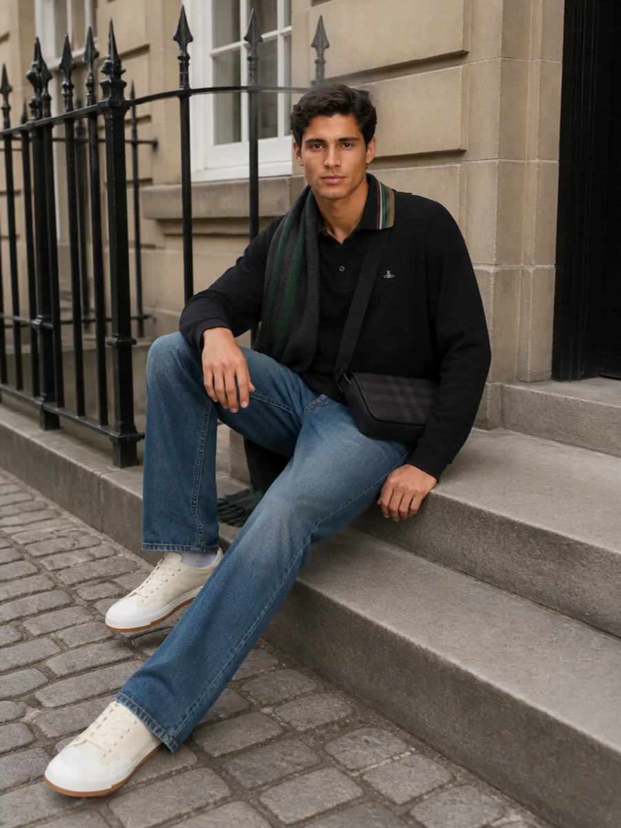 A relaxed Westwood polo meets clean, regular denim for an easy street-preppy uniform that still feels put together. Cream canvas sneakers keep everything light at the foot, while a compact tonal crossbody and fuzzy striped scarf add just enough texture and colour for cool-weather city days without tipping into fuss.