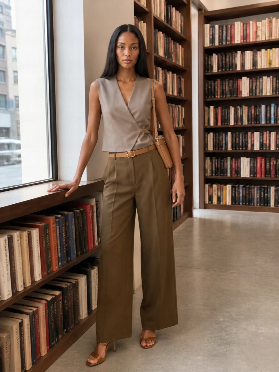 Pt torino camel wide leg trousers taupe vest